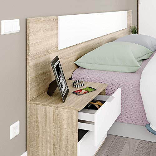 Mobelcenter – Cabezal y 2 Mesitas de Noche – Cabecero Matrimonio y 2 Mesitas de Noche – Color Roble Canadian y Blanco Artik - Medidas: Ancho: 247 cm x Fondo: 38 cm x Alto: 95 cm - (0908)
