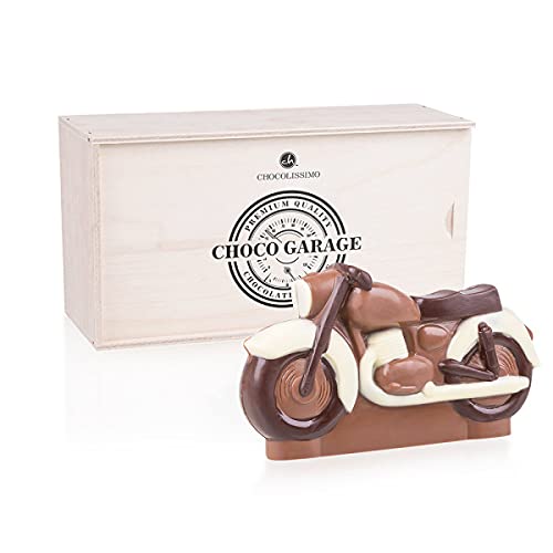 Moto de chocolate en caja de madera | Idea de regalo para niño, papá, abuelo | Sin alcohol | Vintage | Colección, Motociclista | Navidad | Pascua | Cumpleaños | Día del Padre