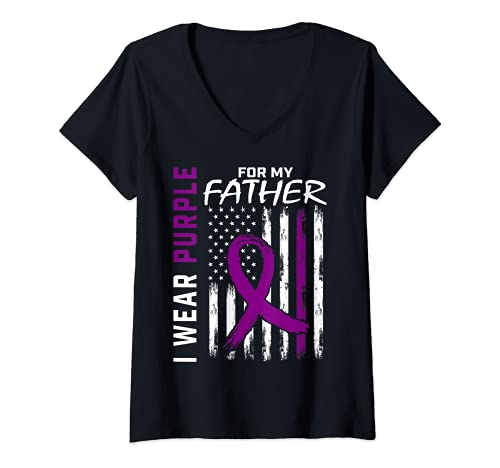 Mujer Púrpura padre padre demencia Alzheimer conciencia bandera americana Camiseta Cuello V