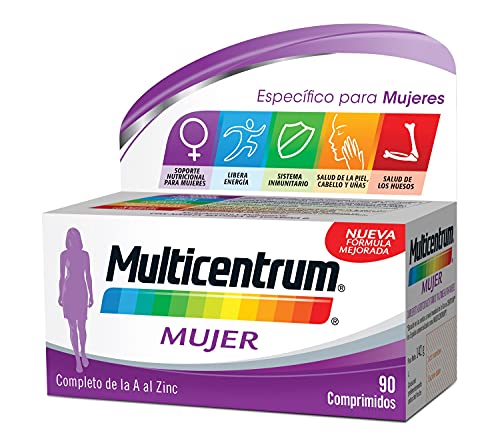 Multicentrum Mujer Complemento Alimenticio Multivitaminas con 13 Vitaminas y 11 Minerales, Sin Gluten, 90 Comprimidos