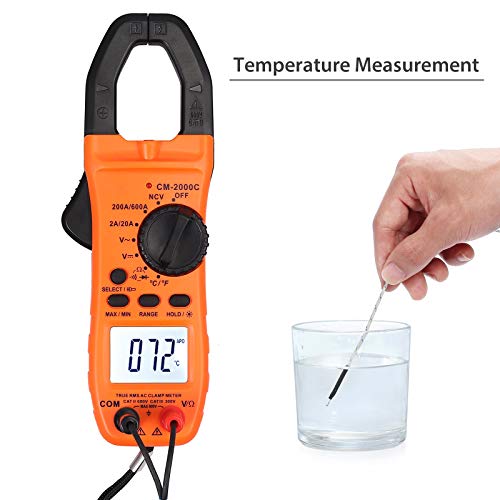 Multímetro Digital 2000 Cuentas Auto Rango Pinza Amperimétrica con Pantalla LCD Luz Amperímetro Función NCV TRMS para Corriente CA/CC Tensión con Cables de Prueba y Sonda de Temperatura Tipo K