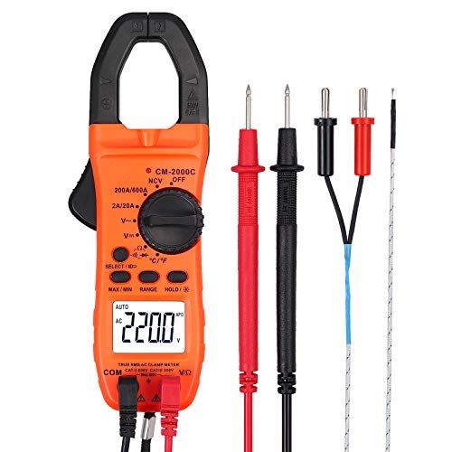 Multímetro Digital 2000 Cuentas Auto Rango Pinza Amperimétrica con Pantalla LCD Luz Amperímetro Función NCV TRMS para Corriente CA/CC Tensión con Cables de Prueba y Sonda de Temperatura Tipo K