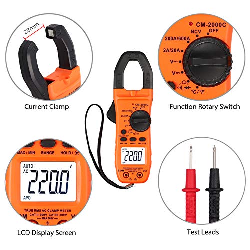 Multímetro Digital 2000 Cuentas Auto Rango Pinza Amperimétrica con Pantalla LCD Luz Amperímetro Función NCV TRMS para Corriente CA/CC Tensión con Cables de Prueba y Sonda de Temperatura Tipo K
