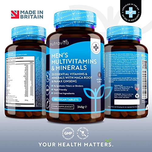 Multivitaminas y Minerales Veganas Para Hombre - 25 Vitaminas y Minerales Esenciales que Incluyen Todas las Vitaminas C, Biotin, Raíz de Maca y Panax Ginseng - 180 tabletas – Fabricado por Nutravita