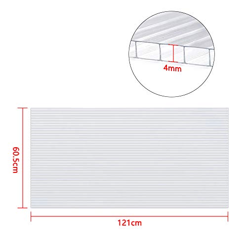 NAIZY 14 planchas alveolares de policarbonato de cámara hueca, 4 mm, 10,25 m², placas de doble puente para invernadero de jardín, placas de repuesto (60,5 x 121 cm), transparente