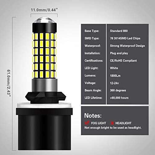 NATGIC 880 886 890 892 Bombillas LED Xenon White 1800LM 3014SMD Chipsets 78-EX con Lente para proyector de luz antiniebla Luz Diurna, 6500K, 12-24V (Paquete de 2)