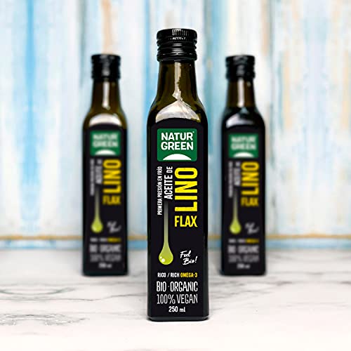 NaturGreen - Aceite Lino Bio, 100% Aceite de Semillas de Lino Ecológico, Rico en Omega-3, Primera Presión, 250 Mililitros