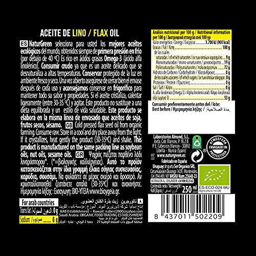 NaturGreen - Aceite Lino Bio, 100% Aceite de Semillas de Lino Ecológico, Rico en Omega-3, Primera Presión, 250 Mililitros