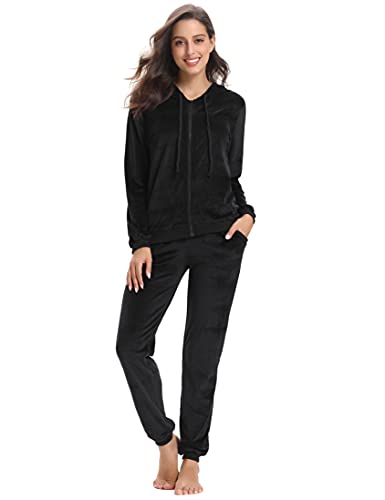 NB Conjunto Chandal Terciopelo para Mujer,Chándal Terciopelo Mujer Completo Conjunto Deportivo Sudadera Chaqurta Manga Larga con Cremallera Capucha Y Pantalones Pijamas Terciopelo.Negro.L