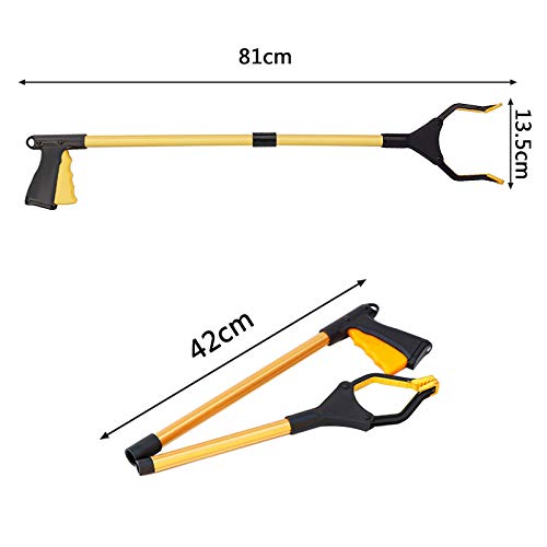 NC Herramienta de agarre para jardín, pinza de aluminio, mango plegable, brazo en ángulo de 0° a 180°, cabezal giratorio 90°, mandíbula antideslizante, brazo de agarre de 81 cm (dorado)