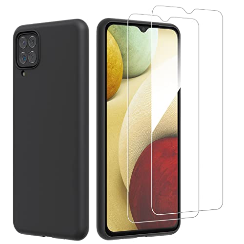 NEW'C Funda para Samsung Galaxy A12 Ultra Thin Silicona Negra y 2X Protector de Pantalla para Samsung Galaxy A12 Vidrio Templado - Antiarañazos