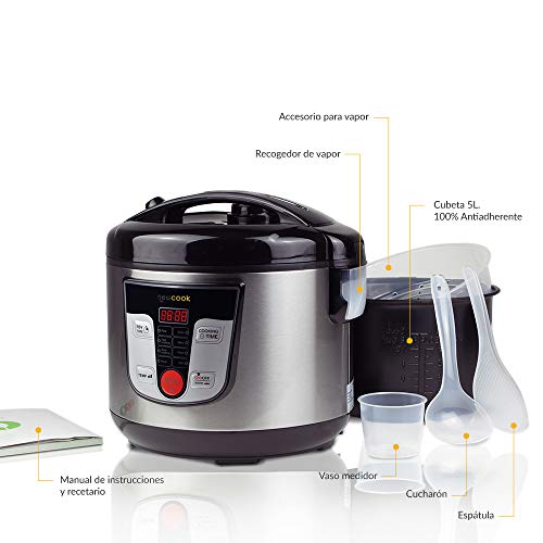 NEWCOOK Robot de Cocina Multifunción, Capacidad 5 Litros, Programable Hasta 24H, Cocina Automáticamente, 8 Menús Preconfigurados y Función Mantener Caliente Hasta 24H. Incluye Cubeta Antiadherente