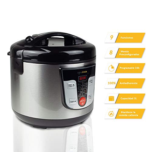 NEWCOOK Robot de Cocina Multifunción, Capacidad 5 Litros, Programable Hasta 24H, Cocina Automáticamente, 8 Menús Preconfigurados y Función Mantener Caliente Hasta 24H. Incluye Cubeta Antiadherente