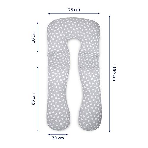 Niimo Gamma Almohada Embarazada Dormir y Cojin Lactancia Bebe Forma de U Multiusos Fundas Cojin 100% Algodon Desenfundable y Lavable Relleno de Poliester (Gris - Corazon Blanco)