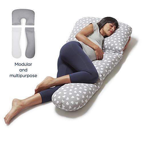 Niimo Gamma Almohada Embarazada Dormir y Cojin Lactancia Bebe Forma de U Multiusos Fundas Cojin 100% Algodon Desenfundable y Lavable Relleno de Poliester (Gris - Corazon Blanco)