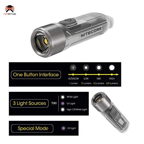 NITECORE TIKI - Mini Llavero Linterna de Bolsillo - 300 Lúmenes LED y Luz Ultravioleta - Linterna Llavero Recargable USB - Pequeña y Ultraligera ([ CLARO ])