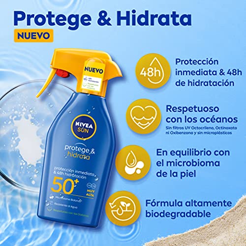 NIVEA SUN Protege & Hidrata Spray Solar FP50+ (1 x 300 ml), protector hidratante y resistente al agua con protección UVA/UVB, protección solar muy alta en formato pistola