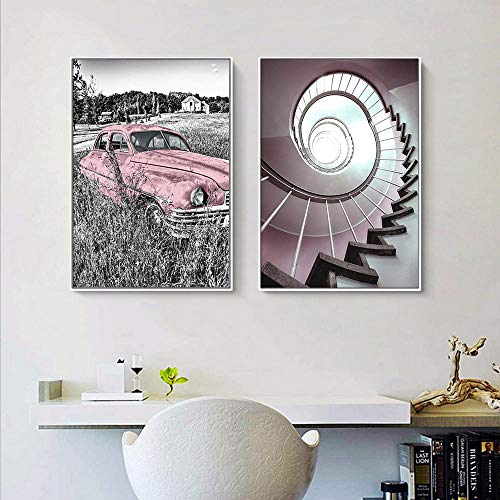 None brand Carteles e Impresiones Pinturas en Lienzo de Coches Antiguos Imagen Escaleras nórdicas Arte de la Pared Cuadros modulares para la decoración del hogar Sin marco-50x70cmX2