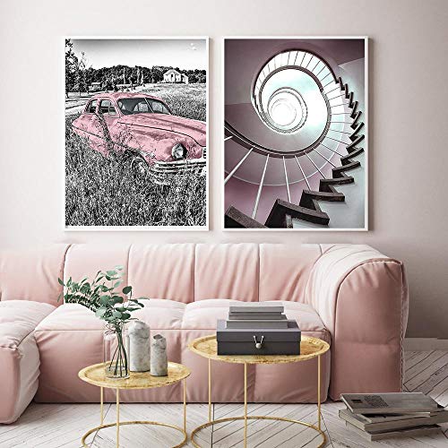 None brand Carteles e Impresiones Pinturas en Lienzo de Coches Antiguos Imagen Escaleras nórdicas Arte de la Pared Cuadros modulares para la decoración del hogar Sin marco-40x50cmX2