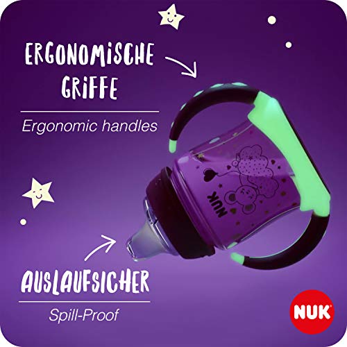 NUK First Choice+ Biberón Entrena Night taza para sorber | 6-18 meses | Brillan en la oscuridad | Válvula anticólico | Sin BPA | 150 ml | Rosa