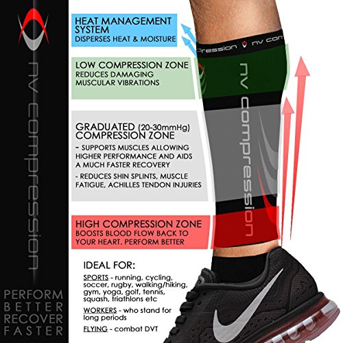 NV Compression 365 Calentadores de pantorrilla de compresión Negros - Compression Calf Sleeves - Black - For Sports Recovery, Work, Flight - Running, Cycling, Soccer, Rugby, Fitness, Gym, Golf, Tennis, Triathlon (Negro/Rojo, Large)