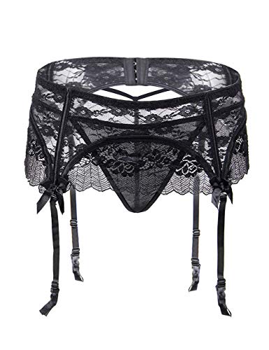 ohyeahlady Ropa Erótica Mujer Liguero de Encaje Transparente con Tanga Liga Sexy para Medias