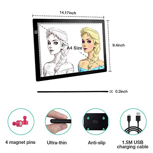 OOWOLF Tableta De Luz, Mesa de Luz Dibujo A4 Brillo Ajustable LED Ultradelgada con Interfaz USB, Funda de Manga Fieltro Protectora, Para Artistas, Dibujo, Animación