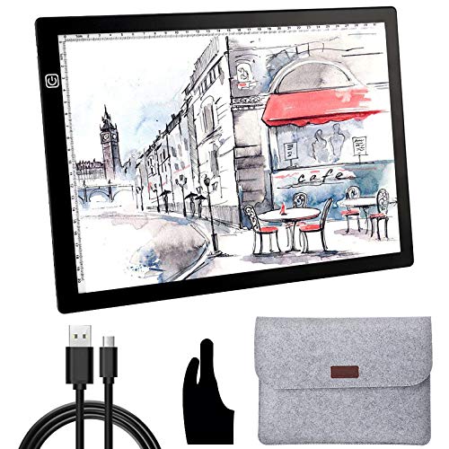 OOWOLF Tableta De Luz, Mesa de Luz Dibujo A4 Brillo Ajustable LED Ultradelgada con Interfaz USB, Funda de Manga Fieltro Protectora, Para Artistas, Dibujo, Animación