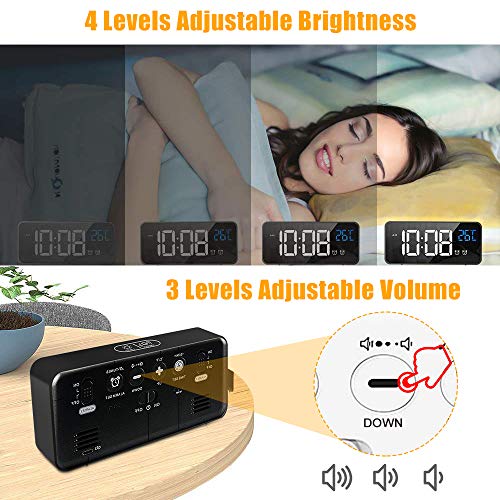 OPAMOO Reloj Despertador Digital, Reloj Despertador Digital LED 2 Alarma Control de Voz 4 Brillo Ajustable 13 Música Despertadores Digitales con Temperatura 12/24 Horas Puerto de Carga USB