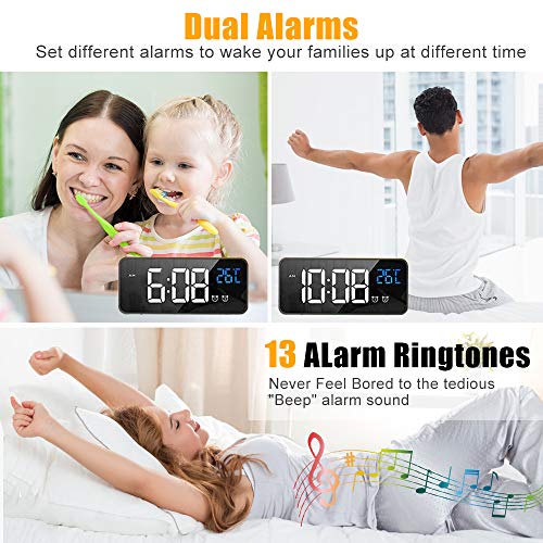 OPAMOO Reloj Despertador Digital, Reloj Despertador Digital LED 2 Alarma Control de Voz 4 Brillo Ajustable 13 Música Despertadores Digitales con Temperatura 12/24 Horas Puerto de Carga USB