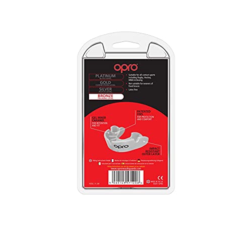OPRO Protector bucal Self-Fit Bronze - para Rugby, Hockey, Artes Marciales Mixtas, y Otros Deportes de Contacto (Blanco, Adulto)