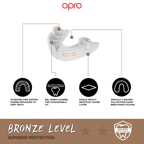 OPRO Protector bucal Self-Fit Bronze - para Rugby, Hockey, Artes Marciales Mixtas, y Otros Deportes de Contacto (Blanco, Adulto)