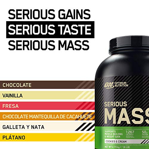 Optimum Nutrition Serious Mass Proteina en Polvo, Mass Gainer Alto en Proteína, con Vitaminas, Creatina y Glutamina, Galletas y Crema, 8 Porciones, 2,73kg, Embalaje Puede Variar