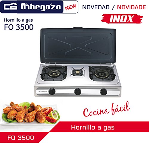 Orbegozo FO 3500 - Hornillo a gas de acero inoxidable, gas butano o propano, encendido piezoeléctrico, dos quemadores de triple corona y un quemador pequeño, uso exterior