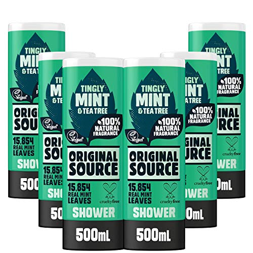 Original Source Gel de ducha de árbol de menta y té, gel de ducha vegano grande, sin parabenos, 100% fragancia natural, paquete múltiple de 6 x 500 ml