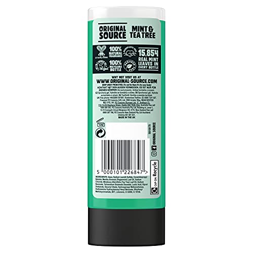 Original Source Gel de ducha de árbol de menta y té, gel de ducha vegano grande, sin parabenos, 100% fragancia natural, paquete múltiple de 6 x 500 ml