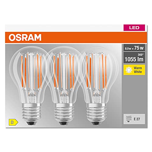 OSRAM LED Classic A75, lámparas LED de filamento transparente de vidrio para E27, forma de bombilla, blanco cálido (2700K), 1055 lúmenes, sustituye a las bombillas convencionales de 75W, caja de 3