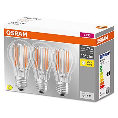 OSRAM LED Classic A75, lámparas LED de filamento transparente de vidrio para E27, forma de bombilla, blanco cálido (2700K), 1055 lúmenes, sustituye a las bombillas convencionales de 75W, caja de 3