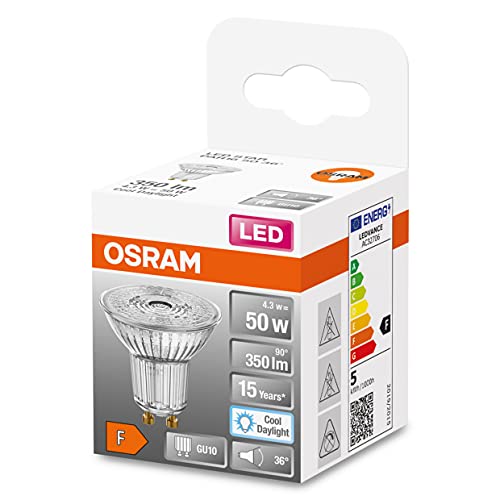 OSRAM LED Star PAR16 Lámpara reflectora de 50 LEDs con ángulo de visión de 36 grados, base GU10, blanco luz diurna (6500K), reemplazo para lámparas convencionales de 50W, paquete de 6