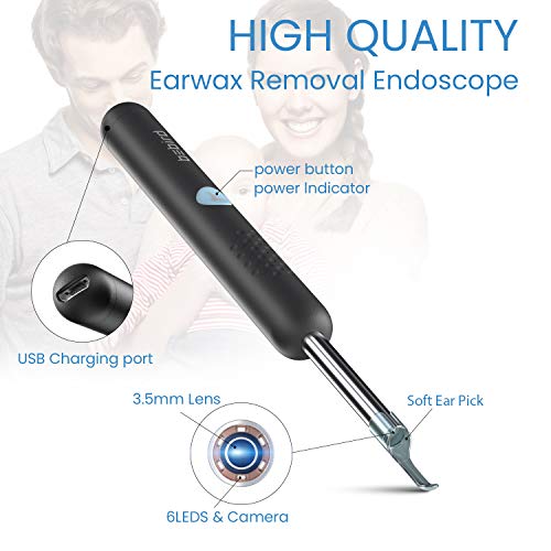 Otoscopio Endoscopios para Oídos Eliminar la Cera, Oídos Eliminar Otoscopio Herramienta con Cámara, Oídos Limpiador con 1080P FHD y 6 Luces LED,Compatible con iPhone, iPad, Android para Niños, Adultos