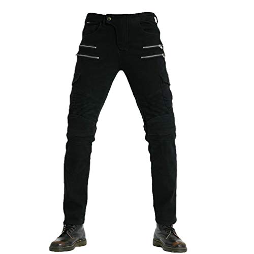 OttoBen Hombre Mujer Jeans De Moto Pantalon Motorista Vaqueros De Moto Cremallera Mezclilla Motociclista Proteccion Pantalon con 2 Protectores Rodilla y 2 Protectores Cadera Negro 35W / 43L