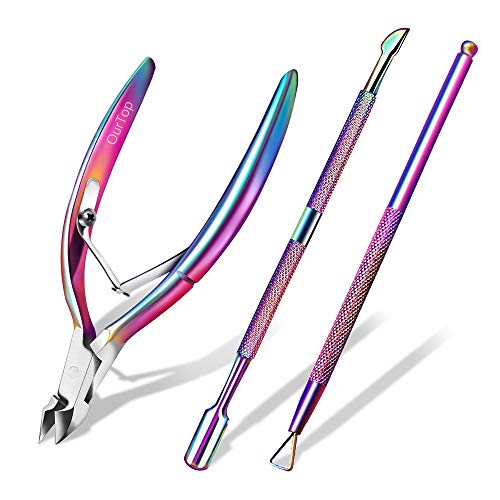 OurTop Pinza de Cutículas con Levantador de Cutícula Removedor, 3PCS Corta Cuticulas Alicate Para Cutículas y Herramienta de Cortador de Cutículas para Las Uñas de Dedos de Manos y Pies