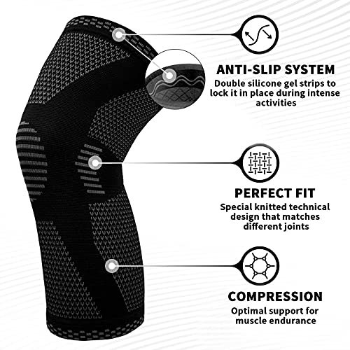 Pack de 2 fundas de compresión para rodilla con tiras de silicona antideslizantes para hombres y mujeres, rodilleras para correr baloncesto, deportes menisco rotura rodilleras(L)