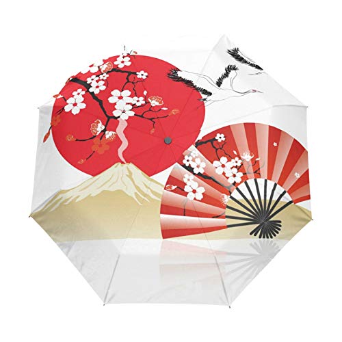 Paraguas de Viaje pequeño a Prueba de Viento al Aire Libre Lluvia Sol UV Auto Compacto 3 Pliegues Cubierta de Paraguas - Abanico de grúa de Flor de Cerezo de Estilo japonés de Arte