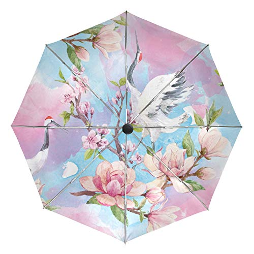 Paraguas de Viaje pequeño a Prueba de Viento para Exteriores, Lluvia, Sol, UV, Auto Compacto, 3 Pliegues, Cubierta de Paraguas, grúa de Cabeza roja, Flores de Cerezo, pájaros