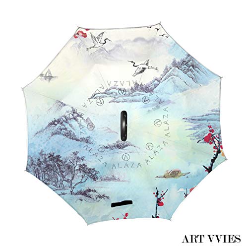 Paraguas invertido de Doble Capa, a Prueba de Viento, al Aire Libre, para Lluvia, Sol, para automóvil, con Mango en Forma de C, Pintura de Arte de grúa de Invierno