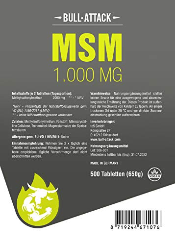 Pastillas MSM de Bull Attack – 1000 pastillas MSM veganas de 1000 mg – dosis alta para piel, cabello, uñas, articulaciones y problemas articulares