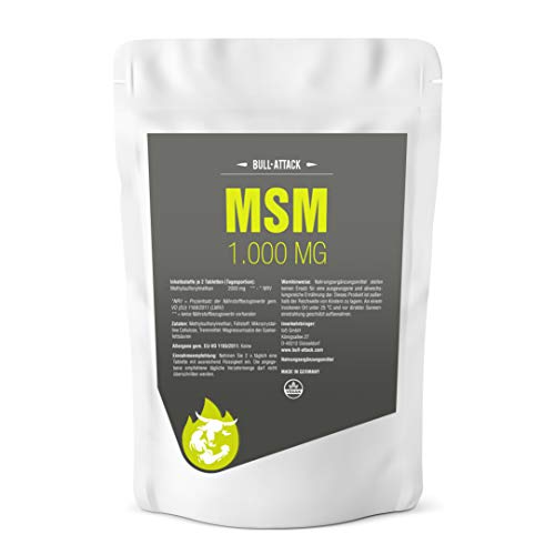 Pastillas MSM de Bull Attack – 1000 pastillas MSM veganas de 1000 mg – dosis alta para piel, cabello, uñas, articulaciones y problemas articulares