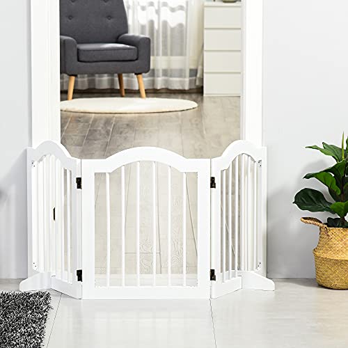 Pawhut Barrera de Seguridad Plegable para Perros Pequeños Rejilla de Protección de 3 Paneles con Patas para Mascotas para Escaleras Pasillos 154,5x29,5x61 cm Blanco