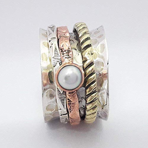 Pearl Ring for Mothers Gift-Beautiful Rose Gold Ring, 925 Sterling Silver Handmade Spinner Ring, Pearl Ring, Meditation Ring for Couple, Hammered Ring for Her, Chunky Ring, Textured Ring for Him